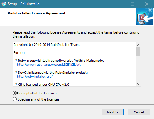 Railsinstaller Setup - License Agreement